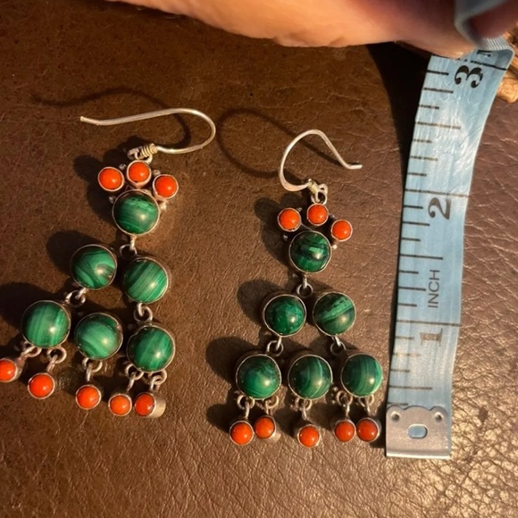 Sterling Silver Malachite & Coral earrings - Picture 2 of 7